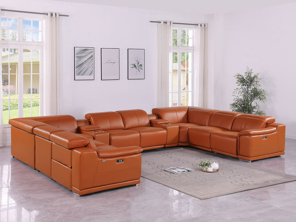 DivanItalia 9762 10-Piece U Shaped Top Grain Italian Leather Sectional Sofa with 4 Power Recliners - Camel