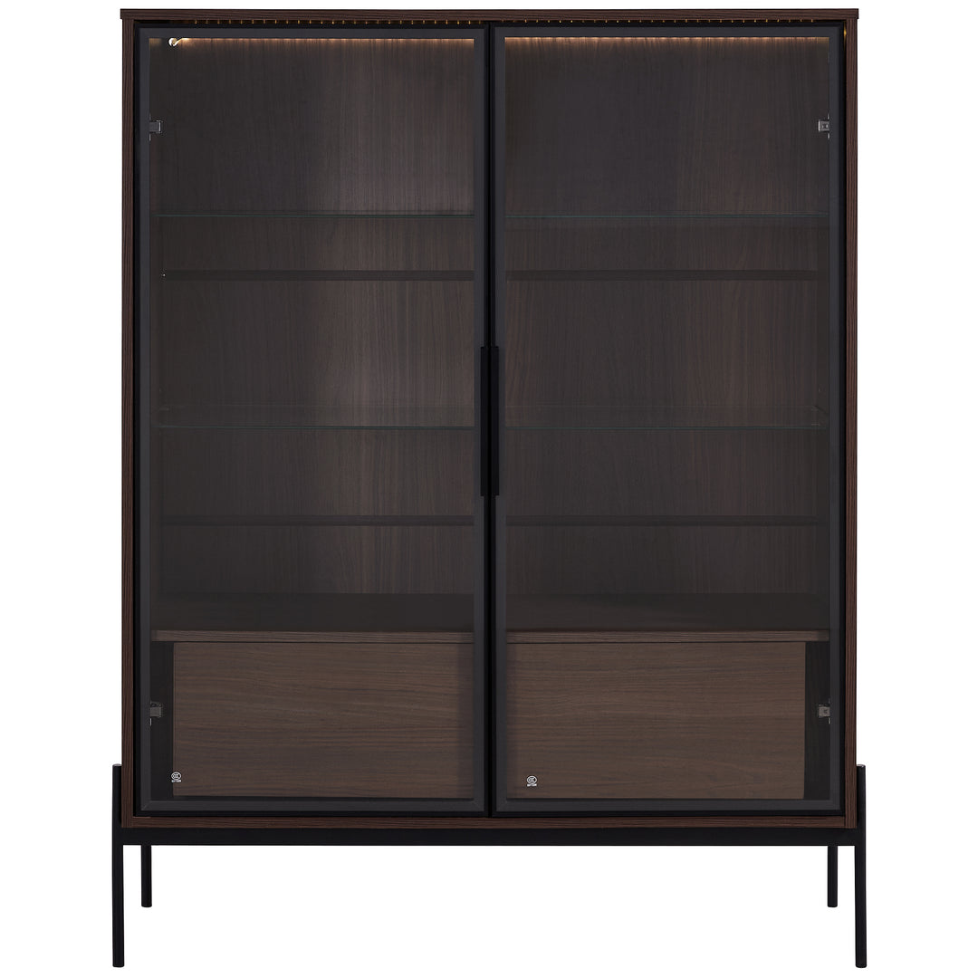 Modern LED Lighted Display Cabinet with Glass Doors and Storage Drawers