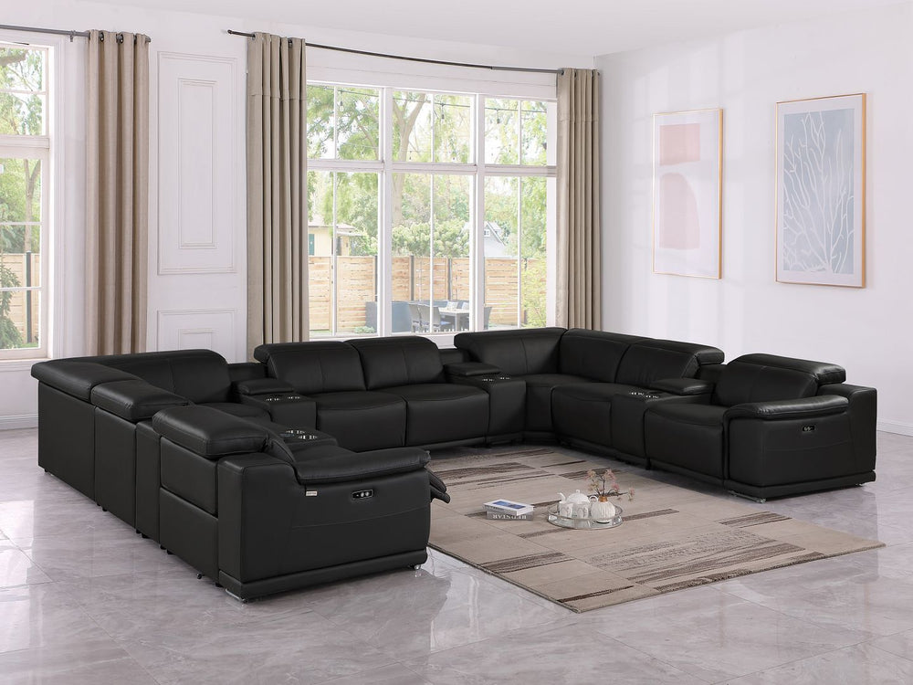 DivanItalia 9762 12-Piece U Shaped Top Grain Italian Leather Sectional Sofa with 4 Power Recliners - Black