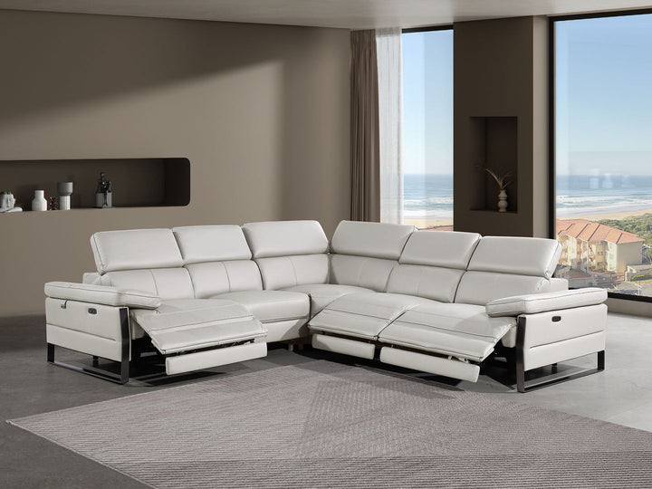 DivanItalia 1246 5-Piece L-Shaped Modular Power Reclining Sectional with Power Headrests – Top Grain Italian Leather - Light Gray