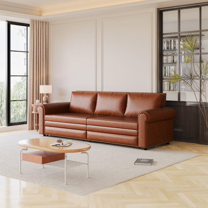 Faux Leather Pull Out King Sofa Bed with Nailhead Trim &amp; Rolled Arm in Light Brown