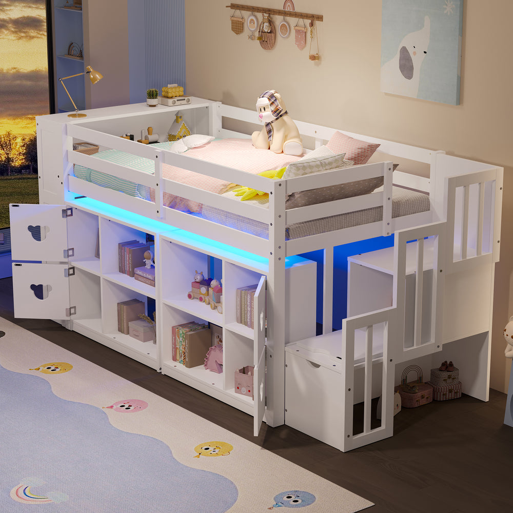 Solid Low Twin Loft Bed with Storage Cabinets, Staircase Drawers & LED Lights, White