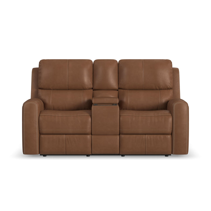 Linden Leather Power Reclining Loveseat with Console &amp; Power Headrests &amp; Lumbar in Caramel
