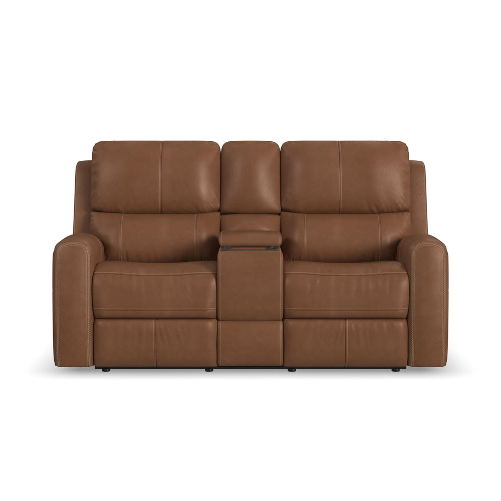 Linden Leather Power Reclining Loveseat with Console & Power Headrests & Lumbar in Caramel