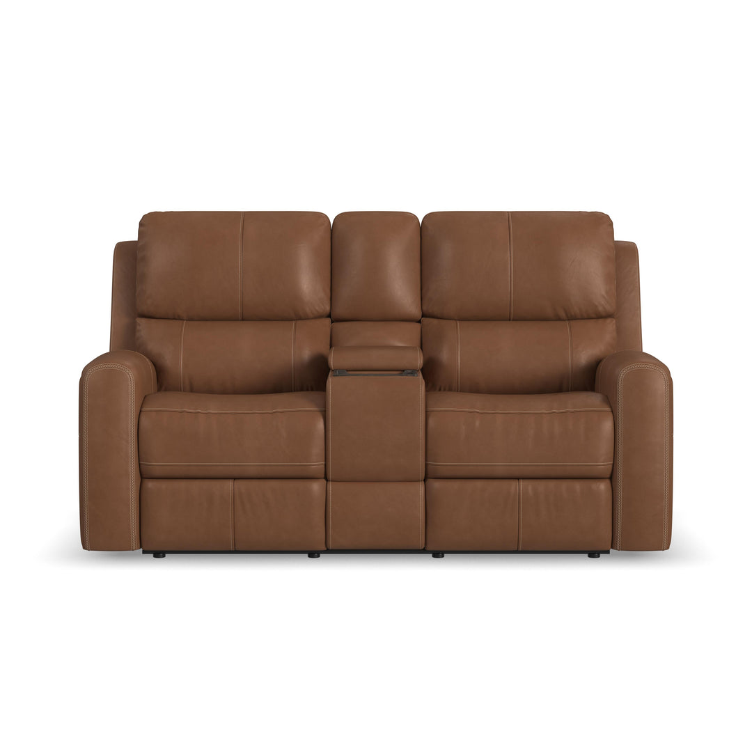 Linden Leather Power Reclining Loveseat With Console & Power Headrests & Lumbar - Caramel