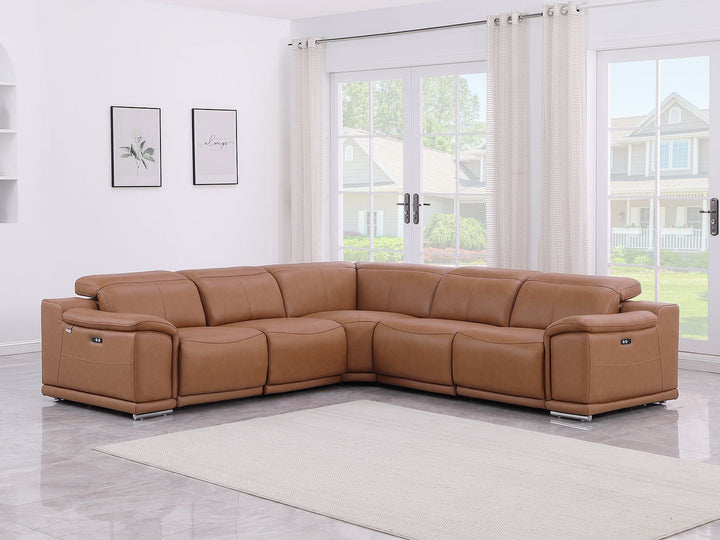 DivanItalia 9762 5-Piece L Shaped Top Grain Italian Leather Sectional Sofa with 3 Power Recliners - Cognac