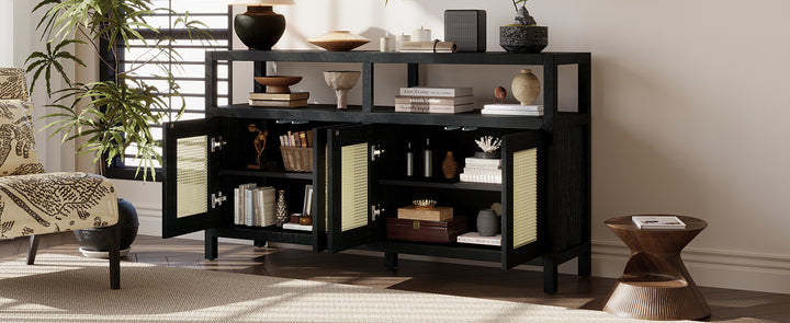 bohemian-style-rattan-sideboard-or-buffet-storage-cabinet-with-solid-wood-frame-black
