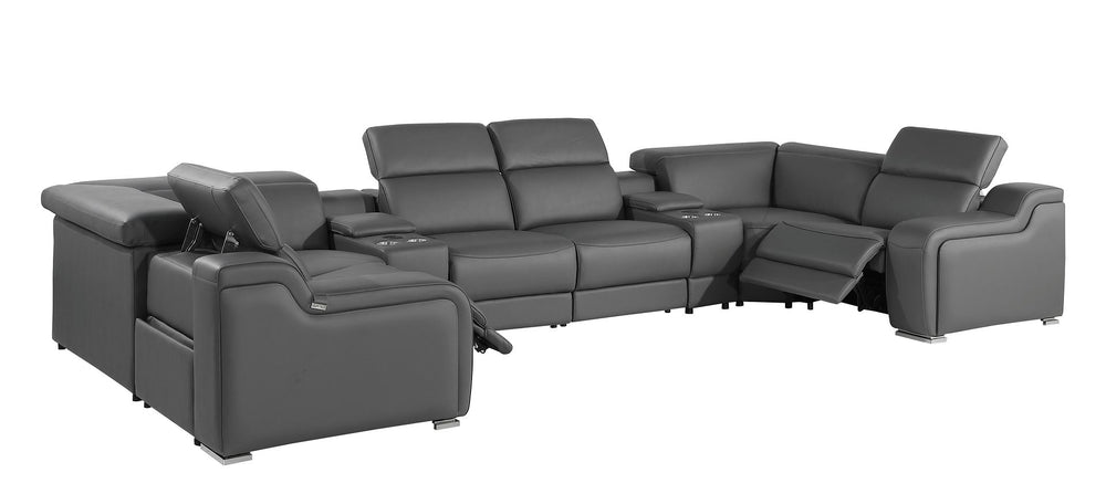 DivanItalia 1116 8-Piece U-Shaped Sectional Sofa in Top Grain Italian Leather with 2 Power Recliners & Power Headrests – with Console - Dark Gray