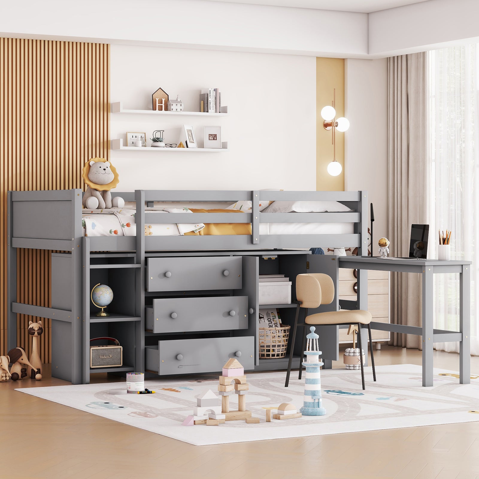 Twin Size Low Loft Bed With Pull-Out Desk, Drawers, Cabinet and Shelves, Grey Color