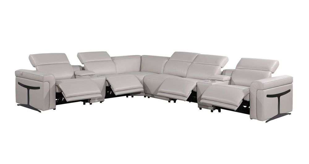 DivanItalia 1126 8-Piece L-Shaped Sectional Sofa in Top Grain Italian Leather with 4 Power Recliners & Power Headrests - Light Gray