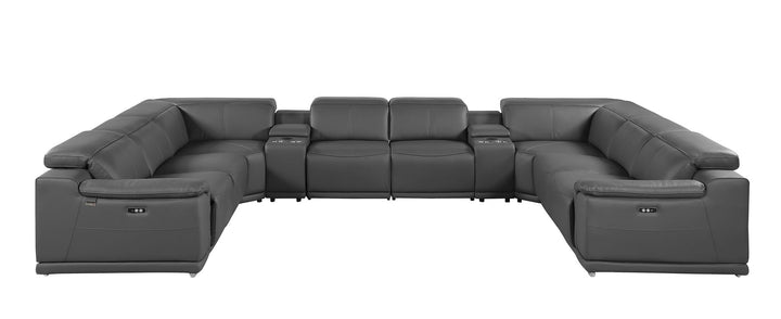 DivanItalia 9762 10-Piece U Shaped Top Grain Italian Leather Sectional Sofa with 4 Power Recliners - Dark Gray