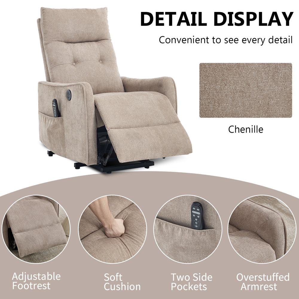 Khaki Power Lift Recliner Chair with Heat, Massage, USB Charging & Swivel for Elderly