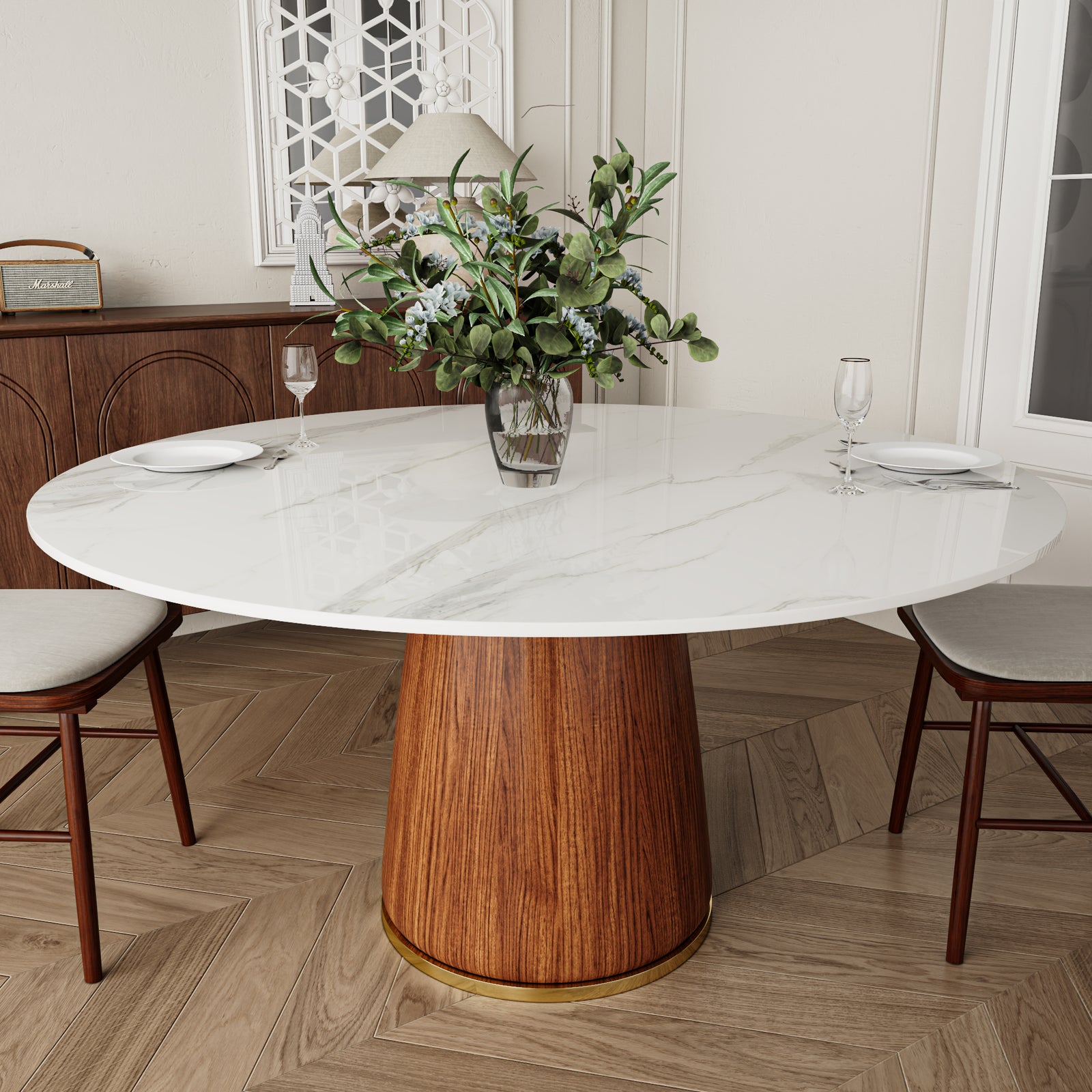 47-Inch Round Dining Table with Stone Top & Walnut-Finish Solid Wood Base