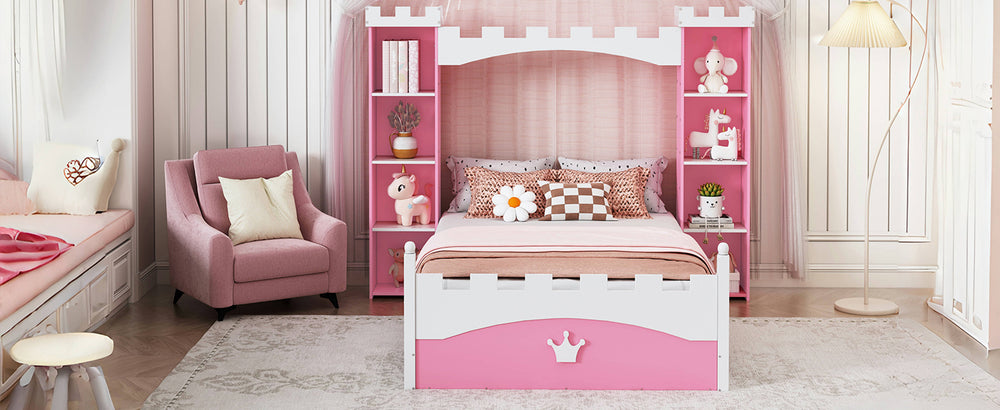 castle-shaped-wooden-twin-bed-with-storage-shelf-pink-white