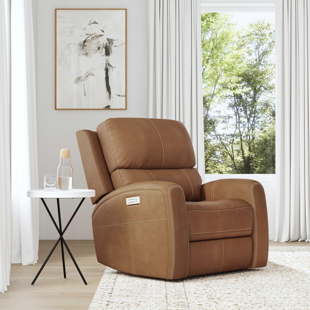 Linden Leather Power Recliner with Power Headrest & Lumbar in Caramel