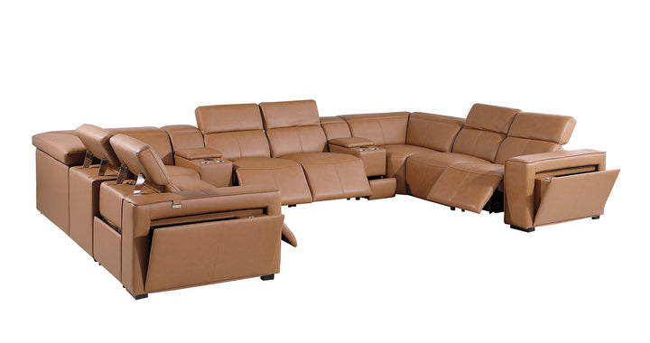 DivanItalia 1224 10-Piece U-Shaped Sectional Sofa in Top Grain Italian Leather with 4 Power Recliners &amp; Power Headrests - Cognac