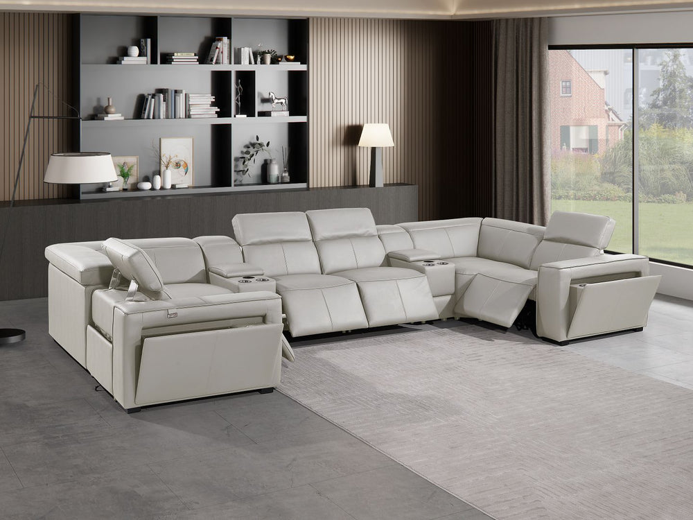 DivanItalia 1224 8-Piece U-Shaped Sectional Sofa in Top Grain Italian Leather with 4 Power Recliners & Power Headrests – with Console - Light Gray