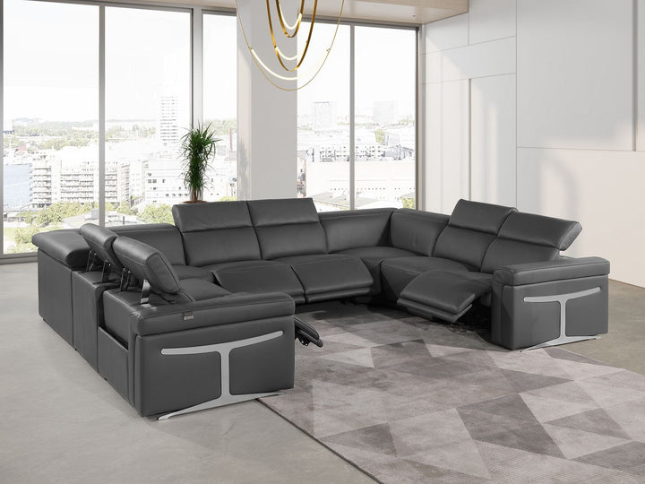 DivanItalia 1126 8-Piece U-Shaped Sectional Sofa in Top Grain Italian Leather with 4 Power Recliners &amp; Power Headrests – No Console - Dark Gray