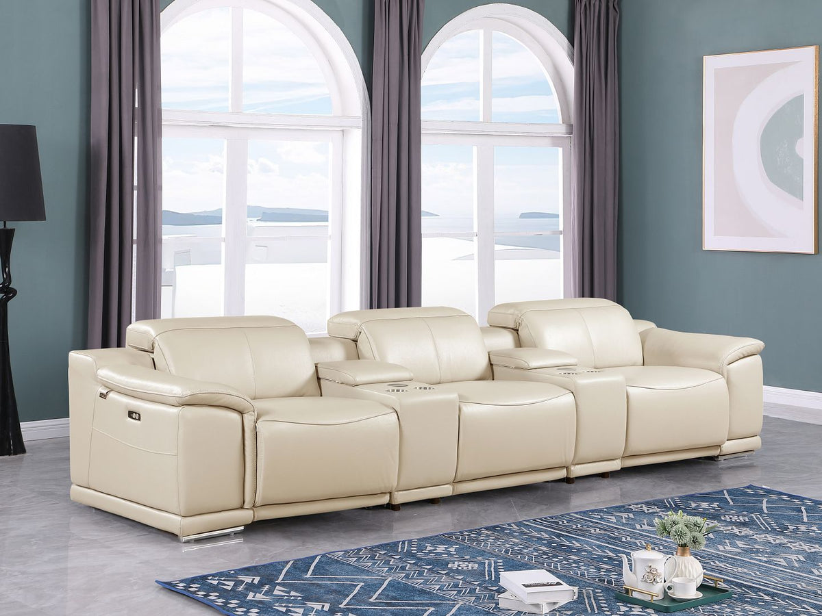 DivanItalia 9762 5-Piece Modular Power Reclining Sofa and Loveseat Set with 3 Power Recliners in Top Grain Italian Leather - Beige