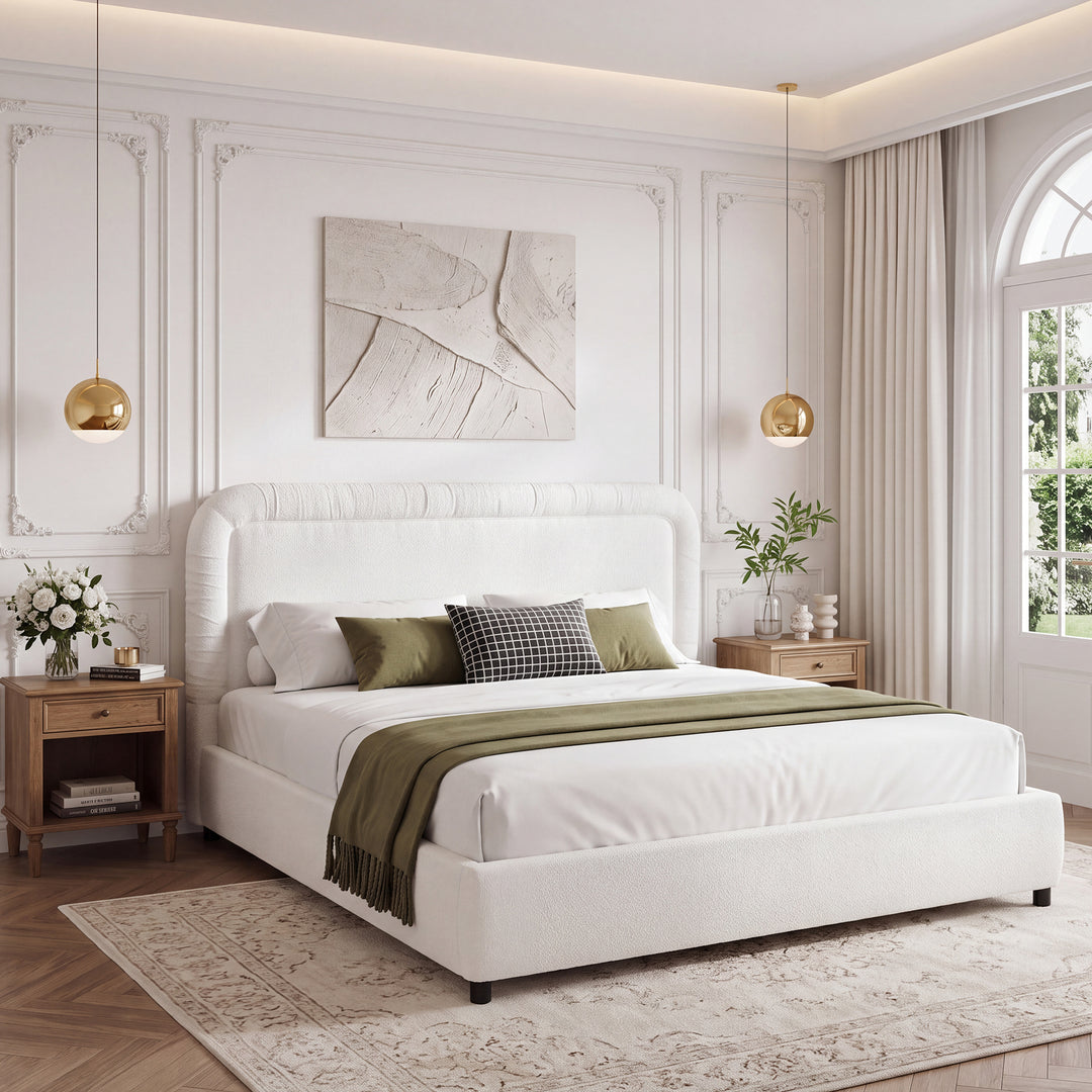Tufted Boucle King Platform Bed – White
