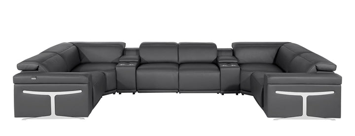 DivanItalia 1126 8-Piece U-Shaped Sectional Sofa in Top Grain Italian Leather with 4 Power Recliners &amp; Power Headrests – with Console - Dark Gray