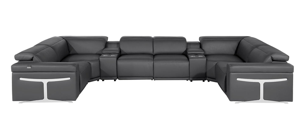 DivanItalia 1126 8-Piece U-Shaped Sectional Sofa in Top Grain Italian Leather with 4 Power Recliners & Power Headrests – with Console - Dark Gray