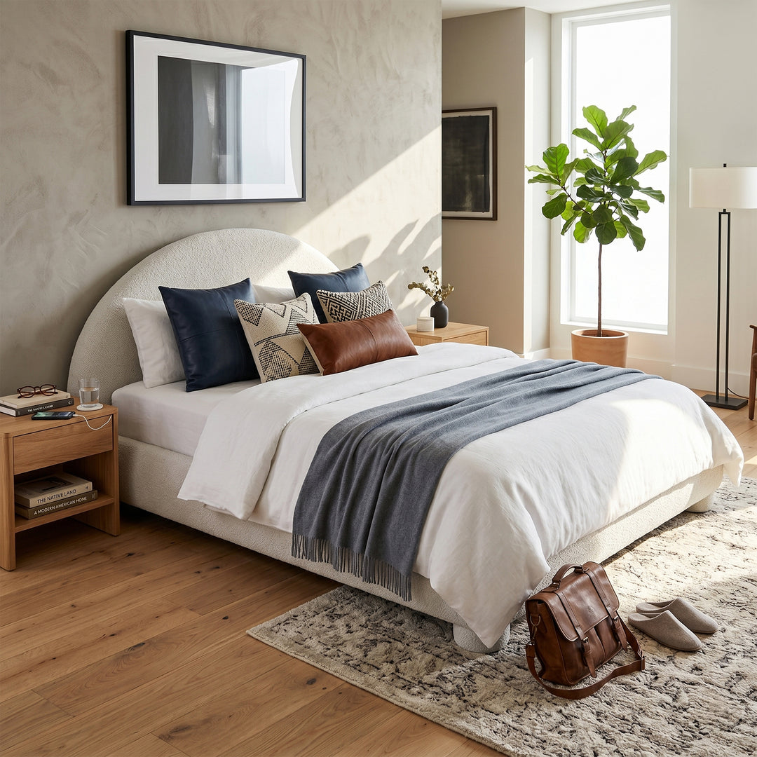 Arched Boucle Full Platform Bed – White