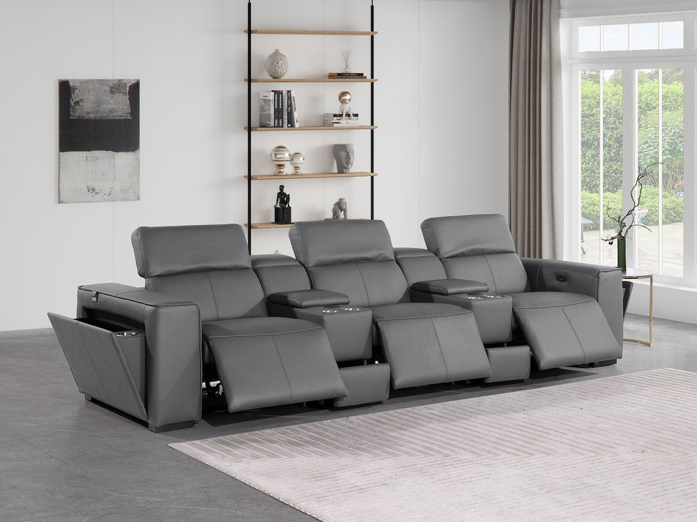 DivanItalia 1224 5-Piece Modular Power Reclining Sofa in Top Grain Italian Leather with 3 Power Recliners & Power Headrests - Dark Gray