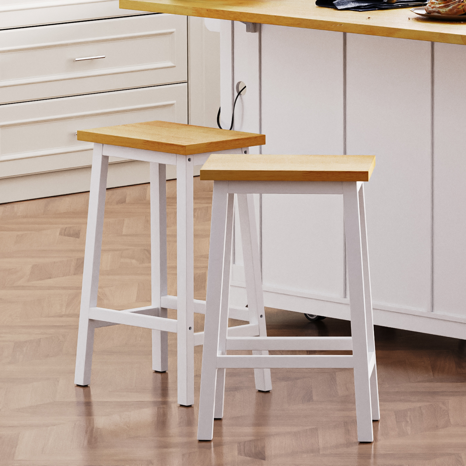 25.6" Solid Wood Farmhouse Bar Stools with Footrests, Set of 2 White Counter Chairs