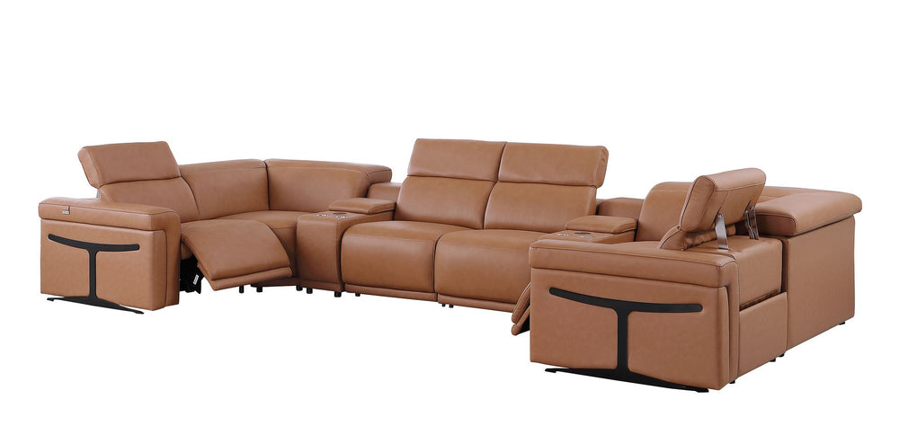 DivanItalia 1126 8-Piece U-Shaped Sectional Sofa in Top Grain Italian Leather with 2 Power Recliners & Power Headrests - Cognac