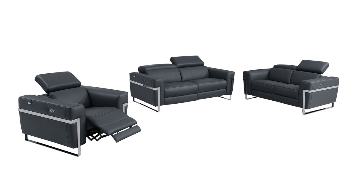 DivanItalia 990 Power Reclining 3-Piece Sofa Set with Power Headrest in Top-Grain Italian Leather - Dark Gray