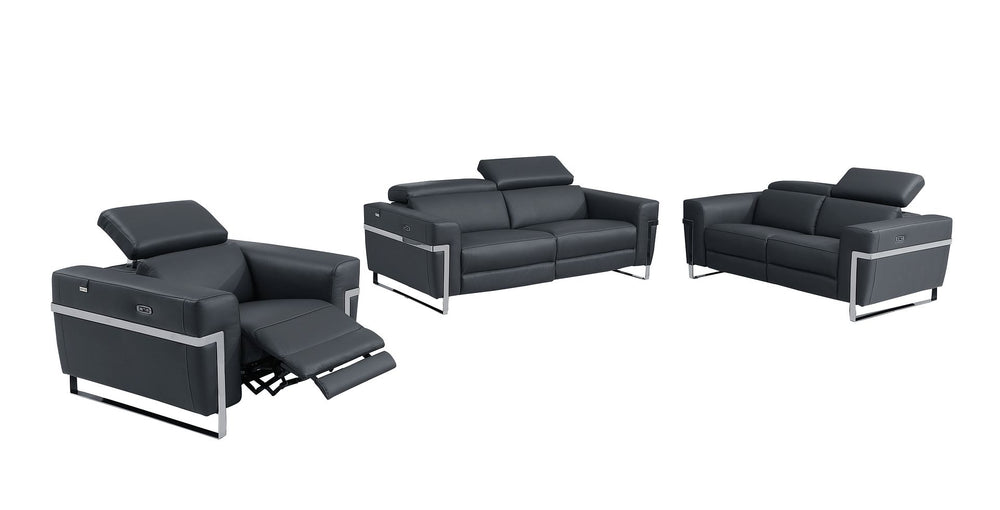 DivanItalia 990 Power Reclining 3-Piece Sofa Set with Power Headrest in Top-Grain Italian Leather - Dark Gray