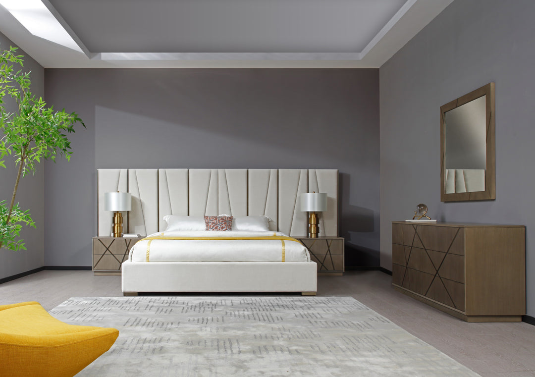 Nixa - Modern Beige Velvet + Brushed Bronze + Birch Bedroom Set