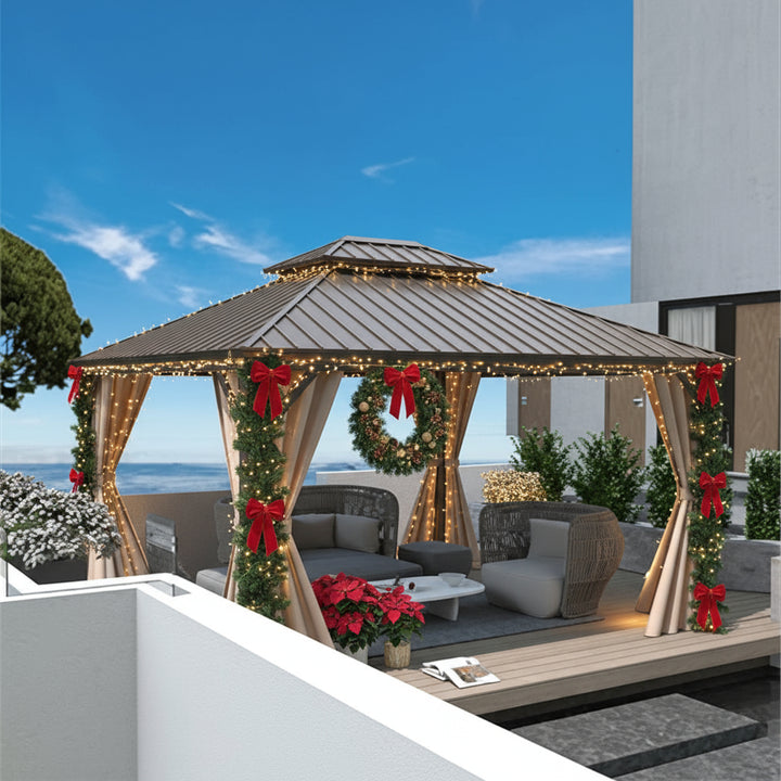 Outdoor 10x12 FT Hardtop Gazebo with Double Roof &amp; Curtains