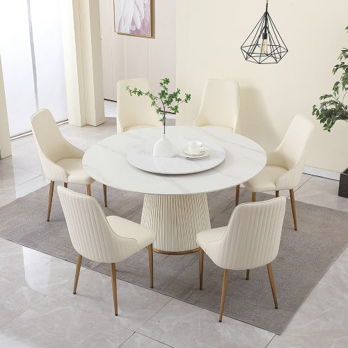 7-Piece 59″ Sintered Stone Round Dining Table with Lazy Susan & Metal Pedestal Dining Set