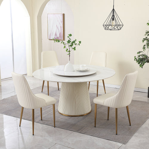 7-Piece 59″ Sintered Stone Round Dining Table with Lazy Susan & Metal Pedestal Dining Set