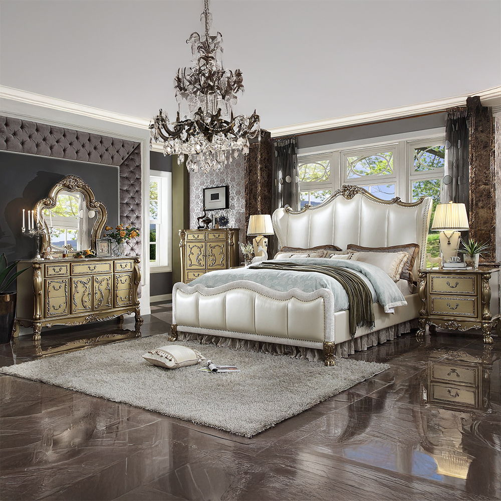 Dresden II - Eastern King Bed - Pearl White Synthetic Leather & Gold Patina