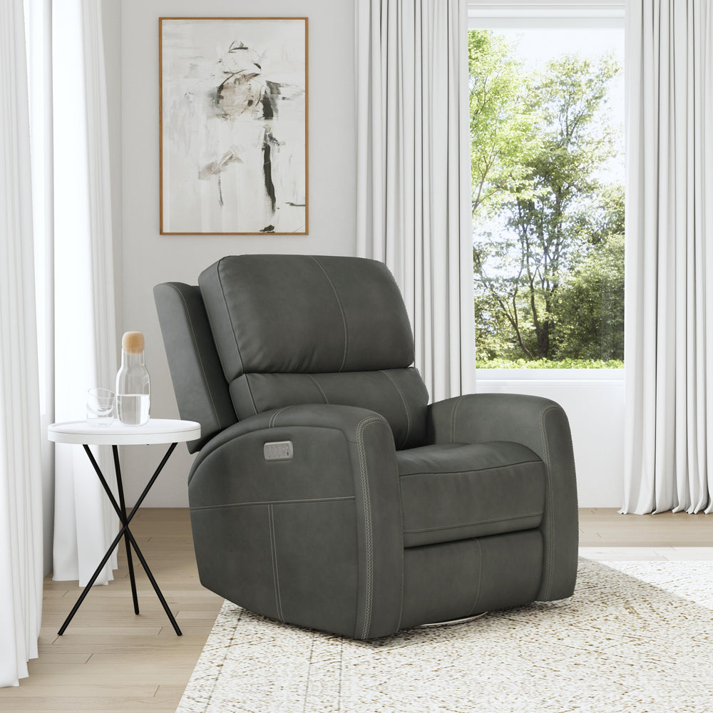 Linden Leather Power Swivel Gliding Recliner with Power Headrest, Lumbar, Heat & Massage in Charcoal