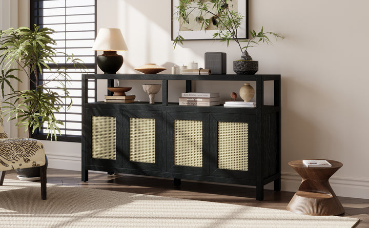 bohemian-style-rattan-sideboard-or-buffet-storage-cabinet-with-solid-wood-frame-black
