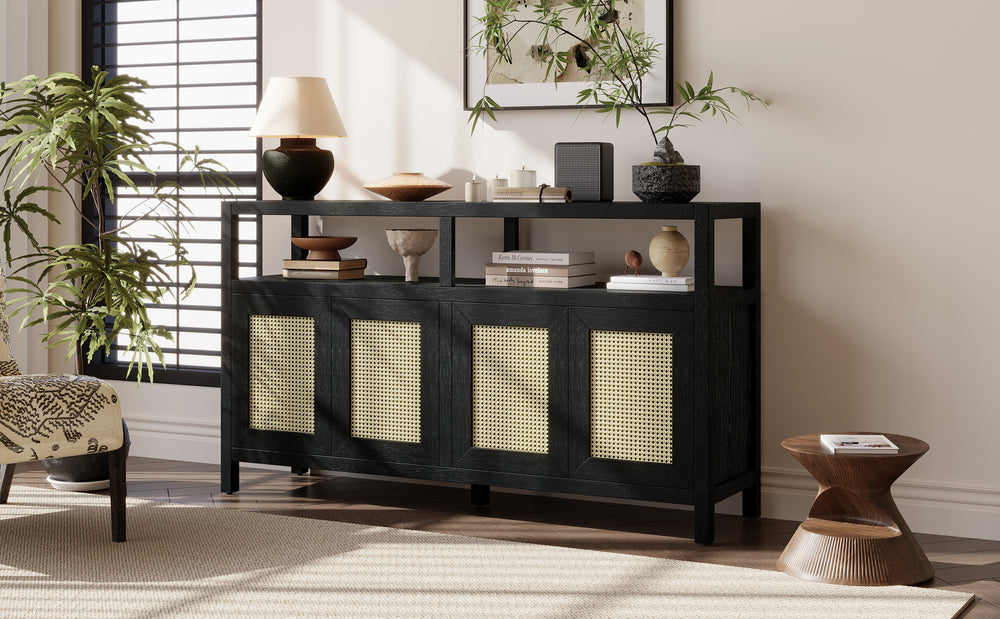 bohemian-style-rattan-sideboard-or-buffet-storage-cabinet-with-solid-wood-frame-black