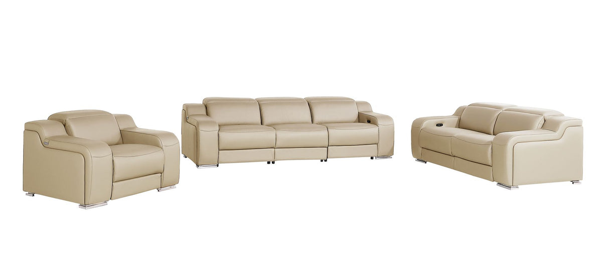DivanItalia 1116 6-Piece Modular Power Reclining Sofa, Loveseat & Chair Set in Top Grain Italian Leather with 6 Power Recliners & Power Headrests - Beige