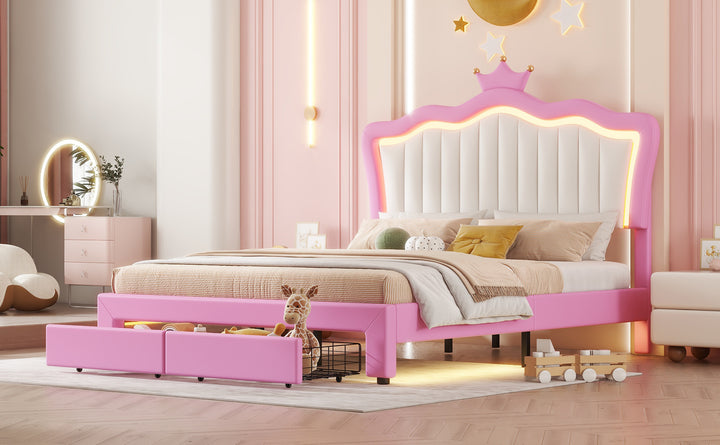 full-size-upholstered-princess-bed-frame-with-led-lights-crown-headboard-and-2-drawers-pink-white