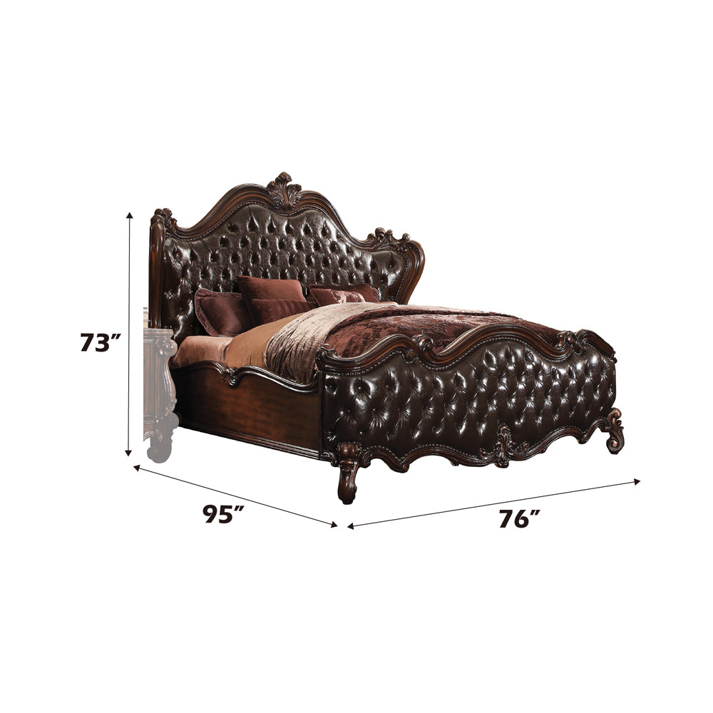 Versailles Queen Bed in Two Tone Dark Brown Leatherette & Cherry Oak - dimensions