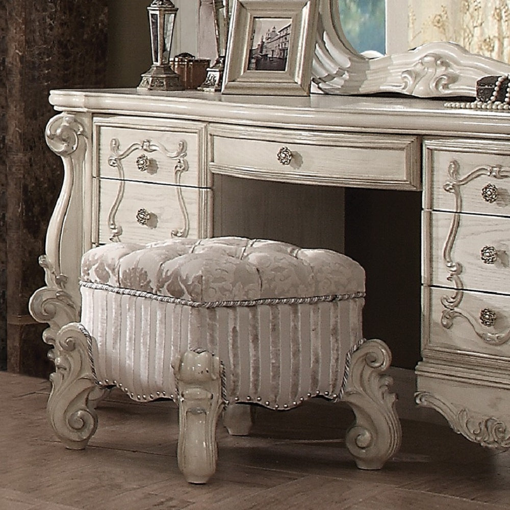 Versailles Vanity Stool in Ivory Fabric & Bone White Finish