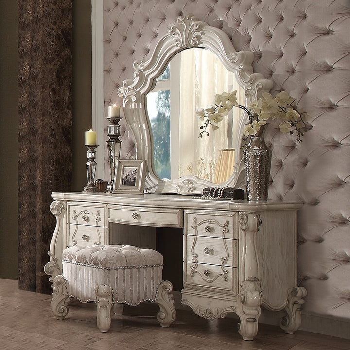 Versailles Vanity Stool in Ivory Fabric &amp; Bone White Finish - lifestyle