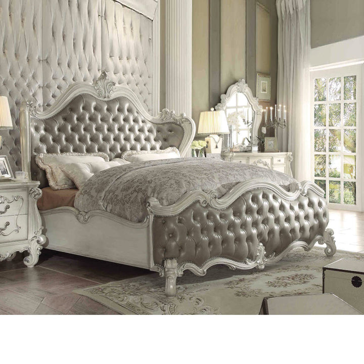 Versailles Queen Bed in Vintage Gray Leatherette &amp; Bone White
