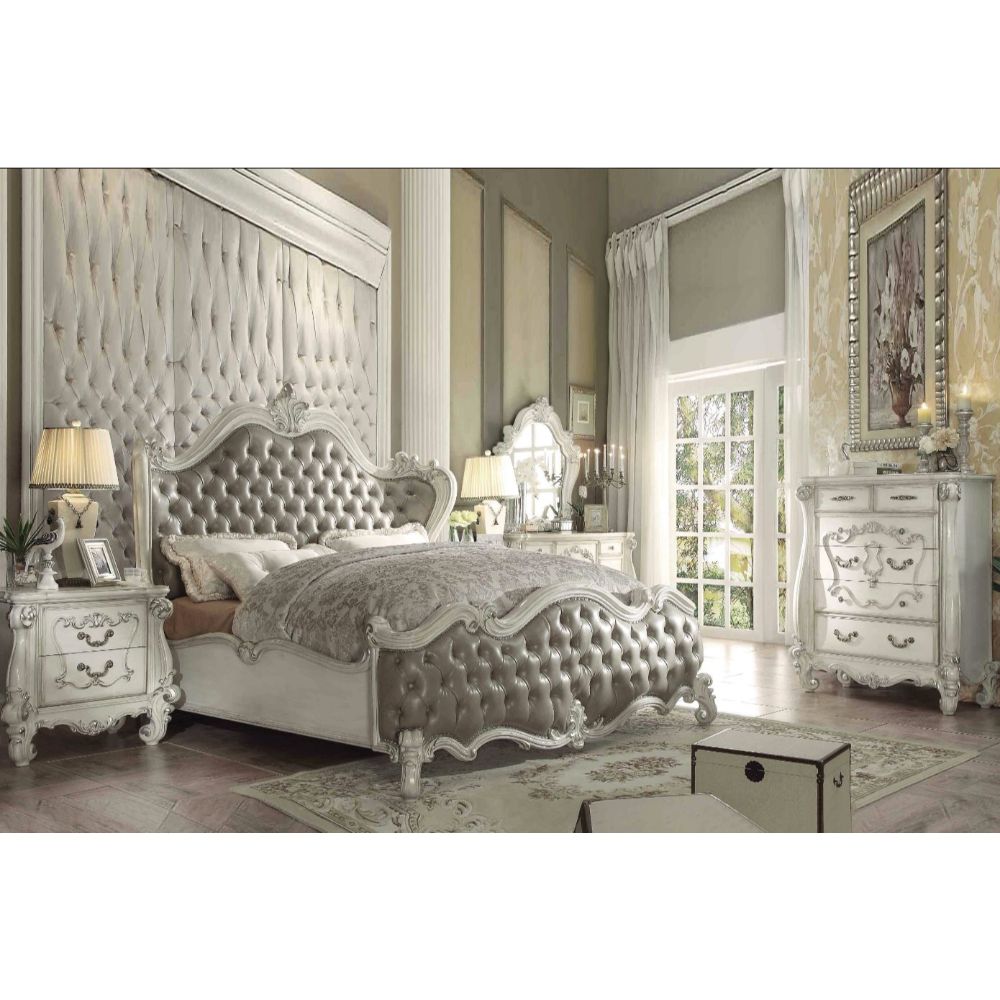 Versailles Queen Bed in Vintage Gray Leatherette & Bone White
