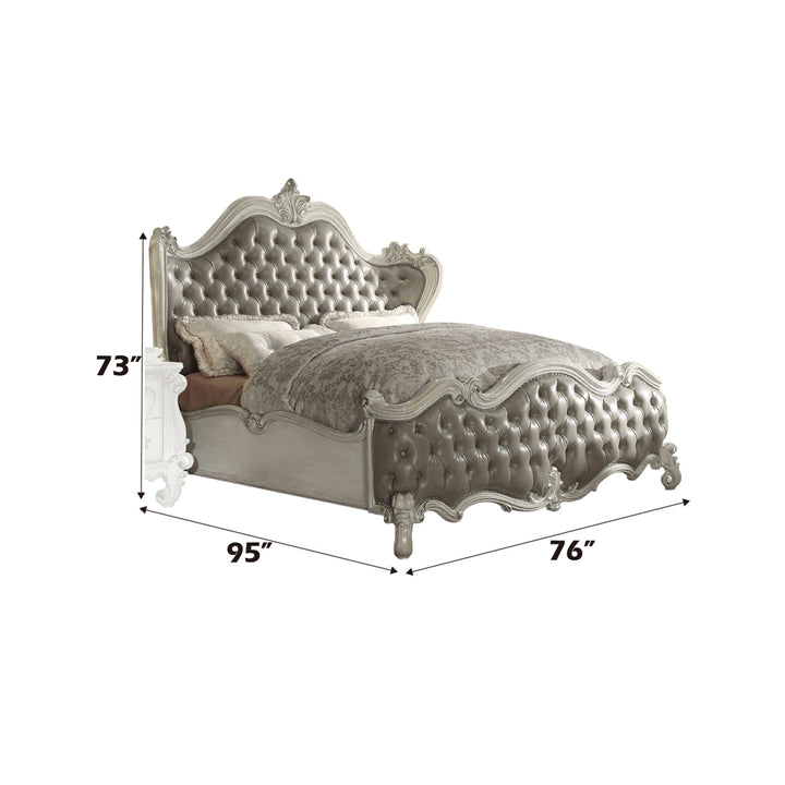 Versailles Queen Bed in Vintage Gray Leatherette &amp; Bone White - dimensions
