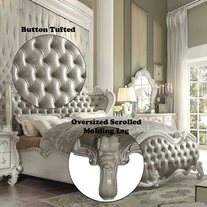 Versailles Queen Bed in Vintage Gray Leatherette &amp; Bone White - features