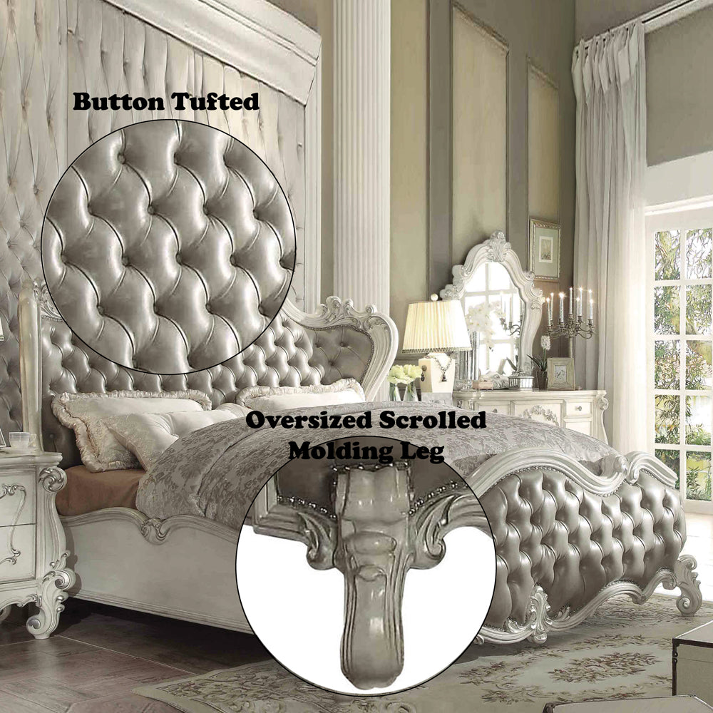 Versailles Queen Bed in Vintage Gray Leatherette & Bone White - features